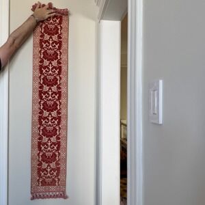 Hand Crafted Pink Floral Tapestry Table Runner Red Damask‎ Wall Hanging Tassels